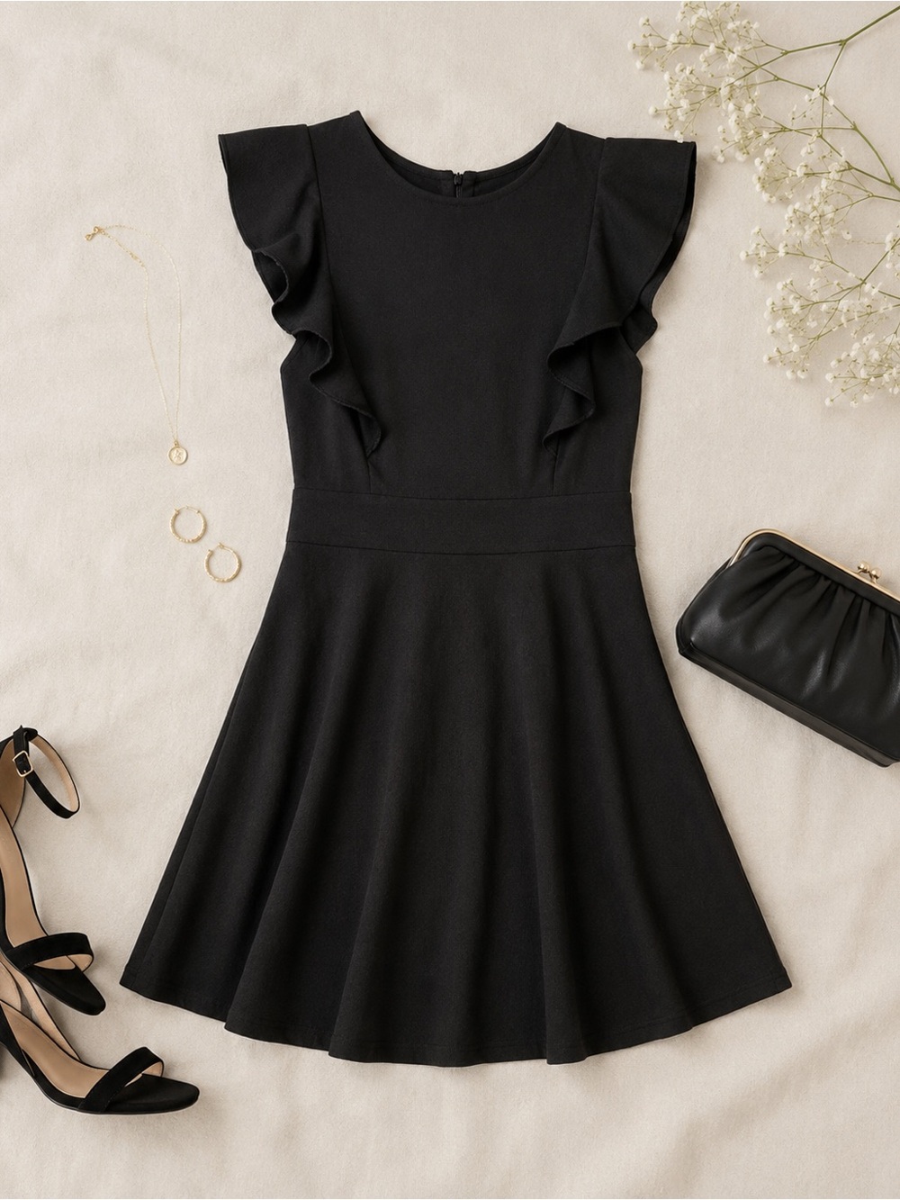 iHot Black Ruffle Sleeve Fit & Flare Dress Size M